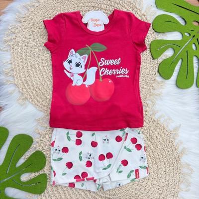 Conj. Blusa Sweet Cherries e Short - Vermelho cerejinha